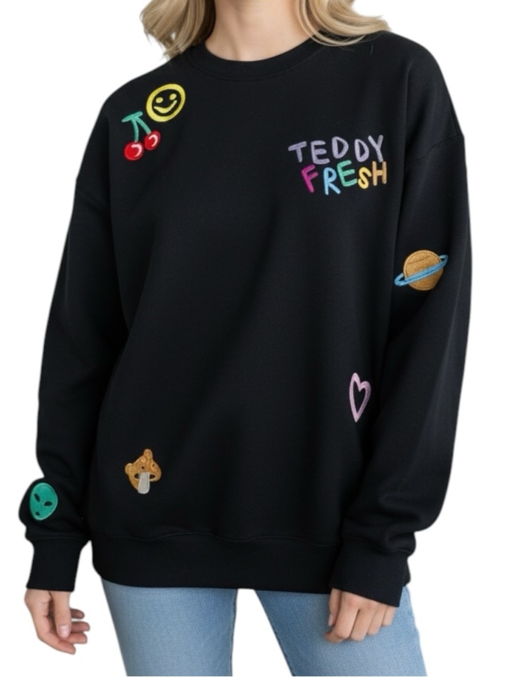 Teddy Fresh Embroidered Icon Crewneck Sweatshirt Black NWT Size Small